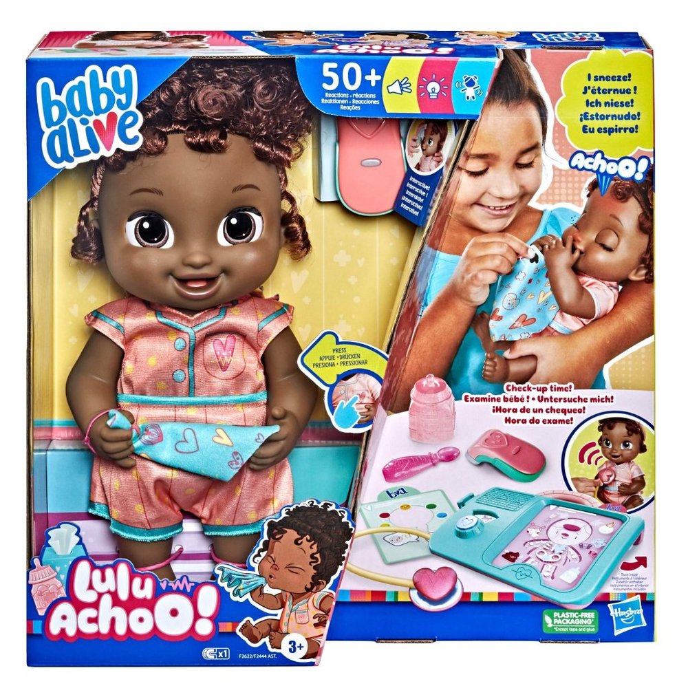 Baby Alive Lulu Achoo Doll, Black hair, sneezing sounds, motions, Drinks & Wets,
